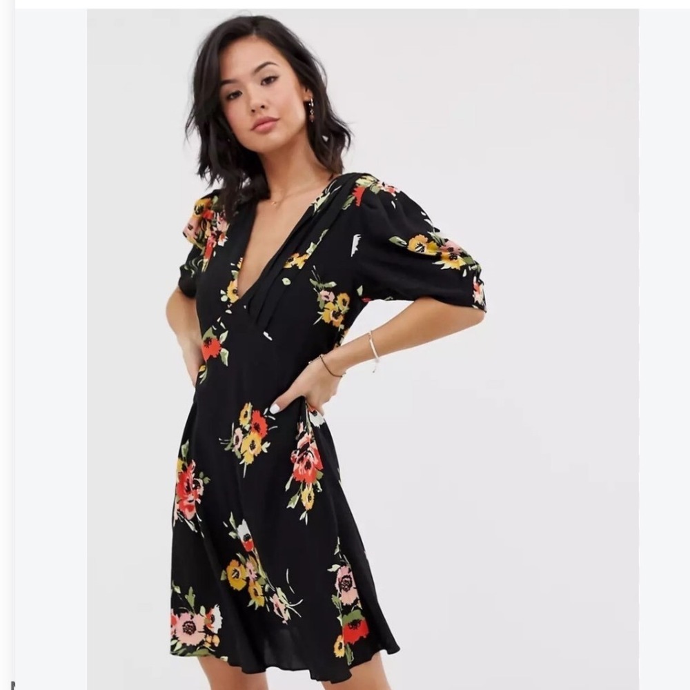 Free People Garden Dress Womens 10 Black Floral Mini Boho Bohemian Party Summer